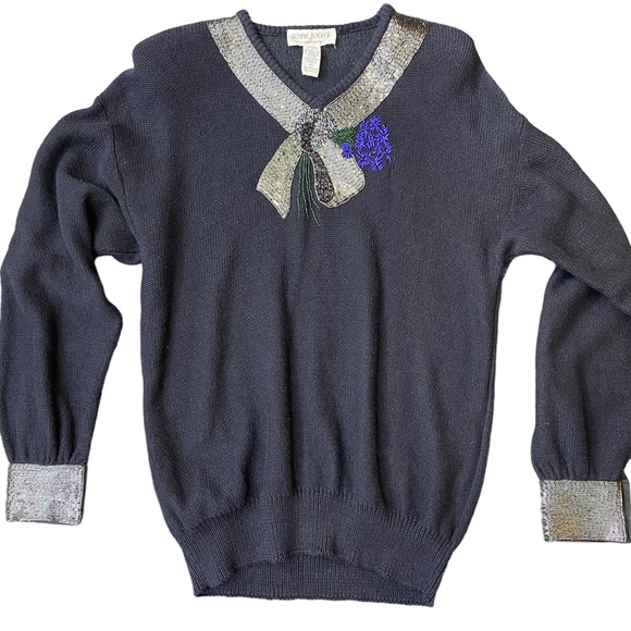 VINTAGE Bonnie Boerer Sweater Size M Navy Silver Embellished 80s Holiday knit - Picture 7 of 16